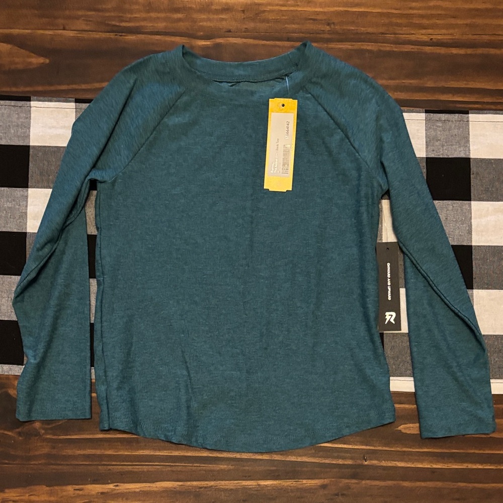 Runway tulip back Teal Long Sleeve tee small new with tags